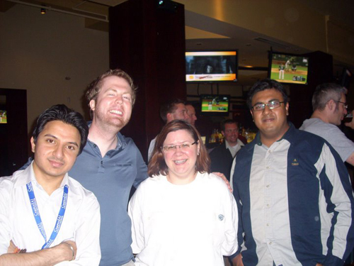 Dheeraj, daniel, Jeanette, and Subhasish at the bowling alley